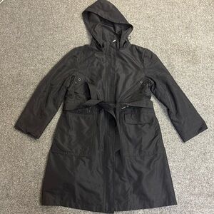 Talbots Womens Size Medium Black Hoodie Zip/ Button Trench Rain Coat Jacket